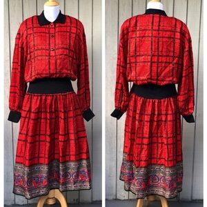 Vintage Julie Francis Silk Red Plaid Aztec Border Print Maxi Dress size 16